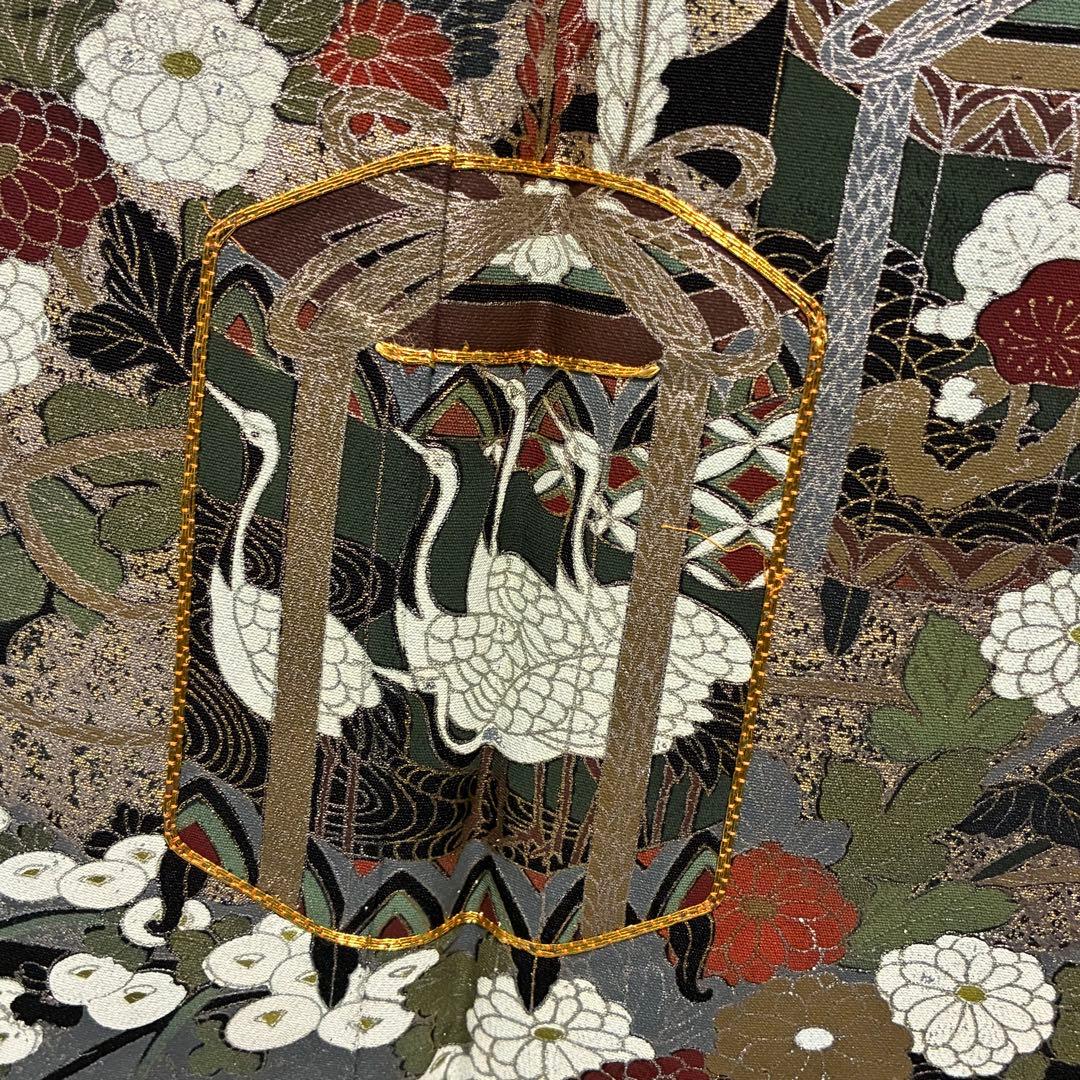 D126 黒留袖 金駒刺繍 鶴 花模様 正絹 着物 袷 しつけ糸付き未使用極美品