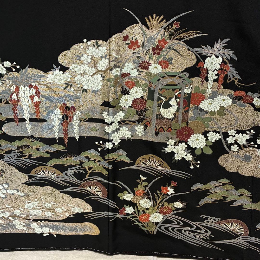 D126 黒留袖 金駒刺繍 鶴 花模様 正絹 着物 袷 しつけ糸付き未使用極美品