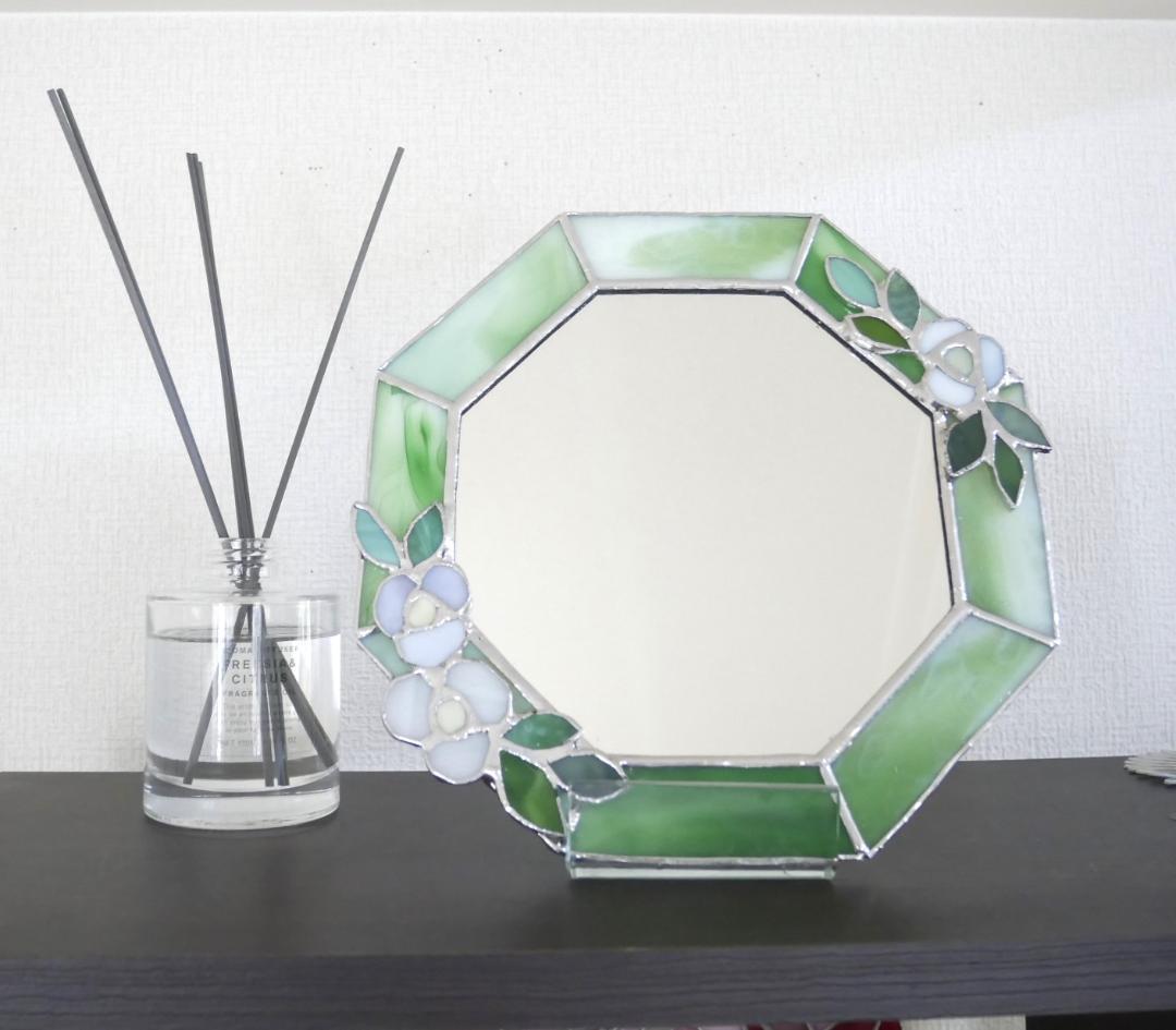 *✴︎:.。マーブルグリーンの八角形の鏡♪　（size20㎝/Max22㎝）