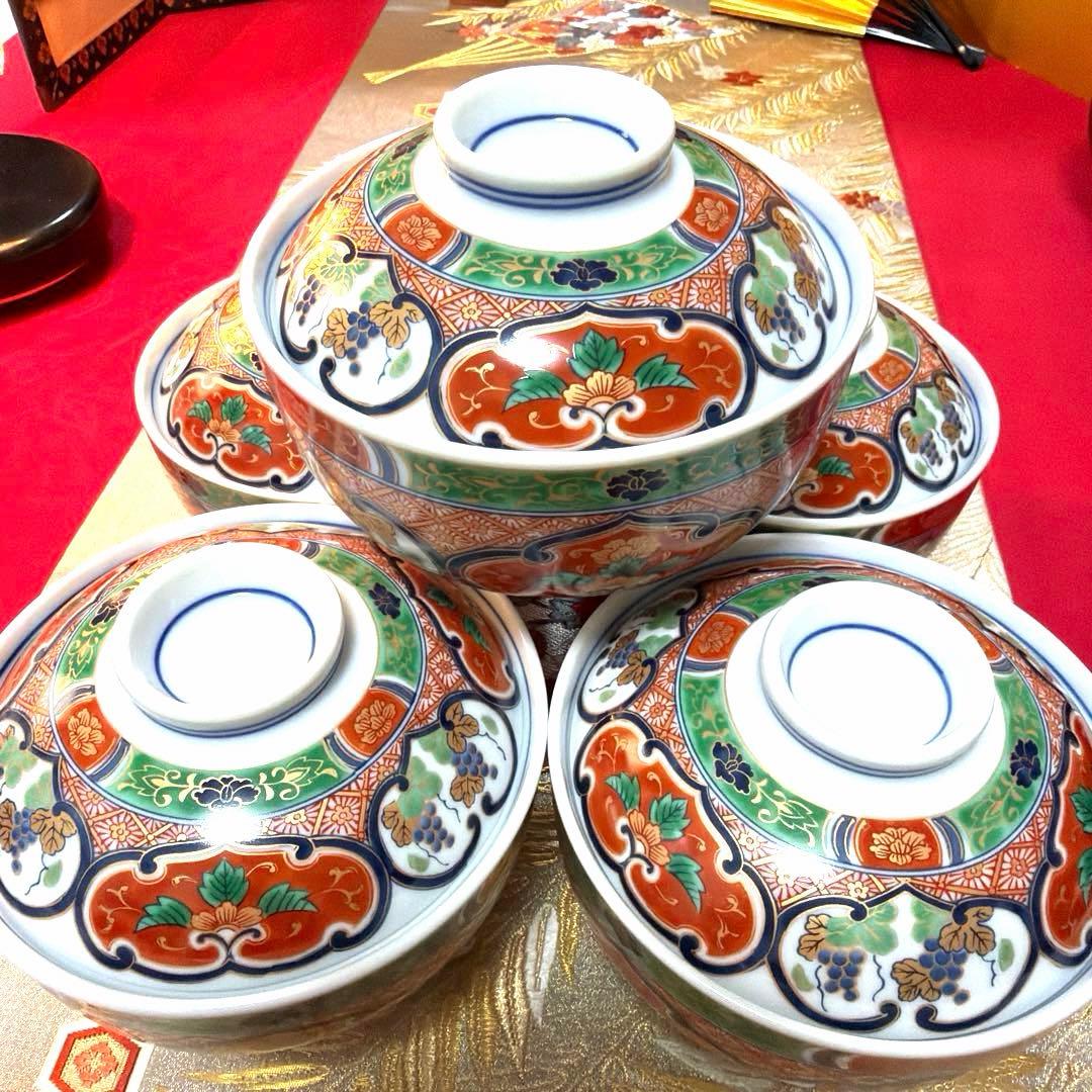 美品　南山蓋付き金彩小丼　希少　椿　金箔お椀　 各５客揃い　No.5-4