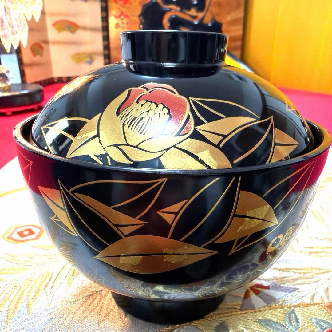 美品　南山蓋付き金彩小丼　希少　椿　金箔お椀　 各５客揃い　No.5-4