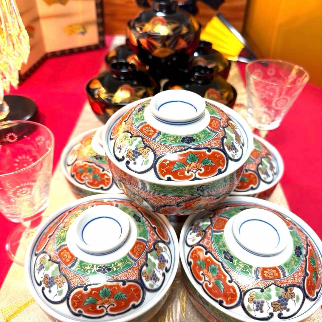 美品　南山蓋付き金彩小丼　希少　椿　金箔お椀　 各５客揃い　No.5-4