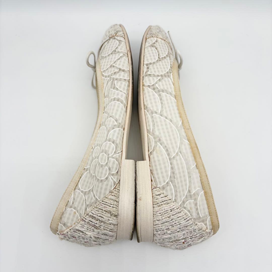 【良品】CHANEL レース ツイード フラットパンプス 36.5 白系