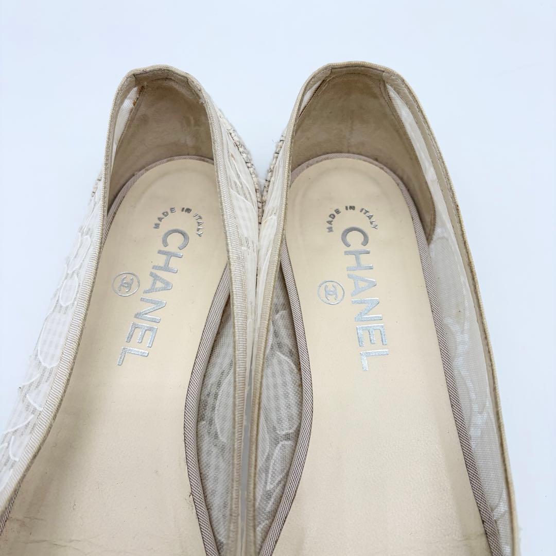 【良品】CHANEL レース ツイード フラットパンプス 36.5 白系