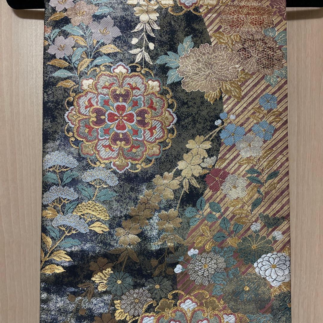 全通袋帯　華やか 袋帯 全通柄 正絹 リバーシブル 金糸