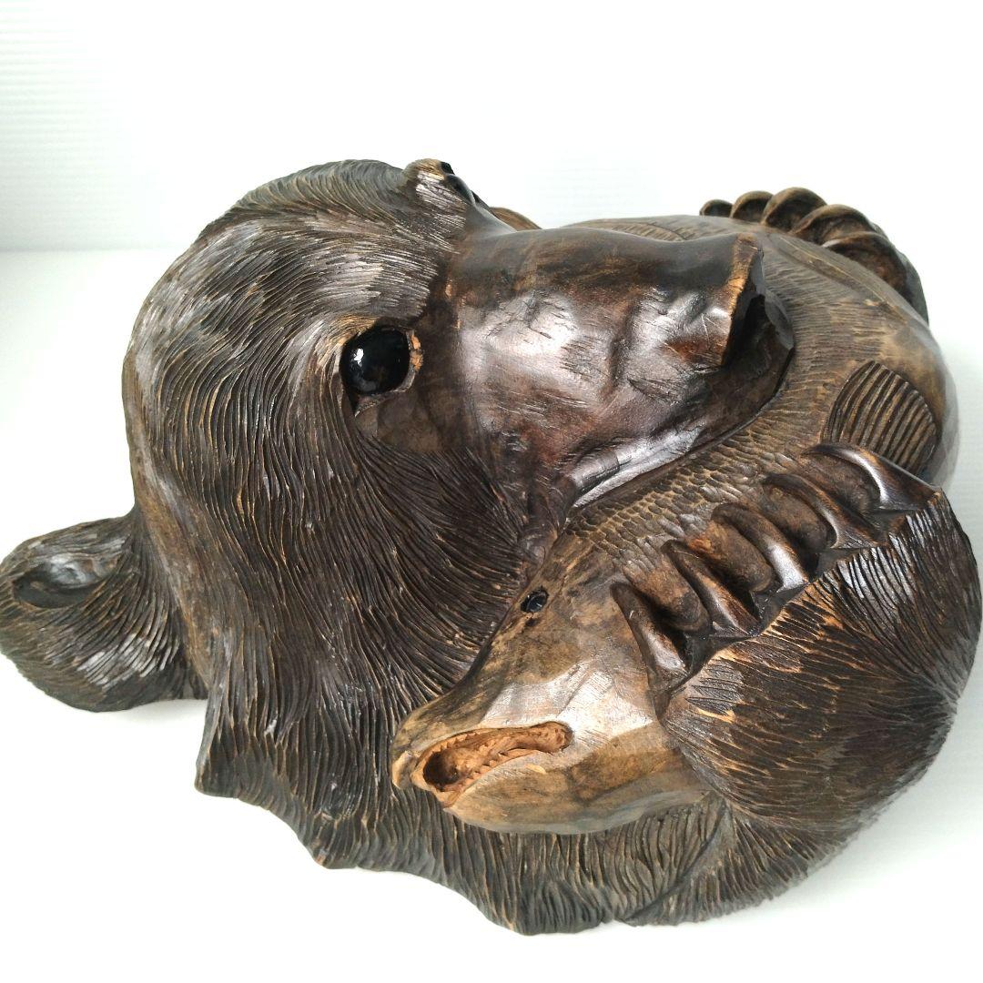 木彫り 熊 クマ 木彫り熊 彫刻熊 一刀彫 壁掛け 頭部 頭 鮭食い熊 北海道