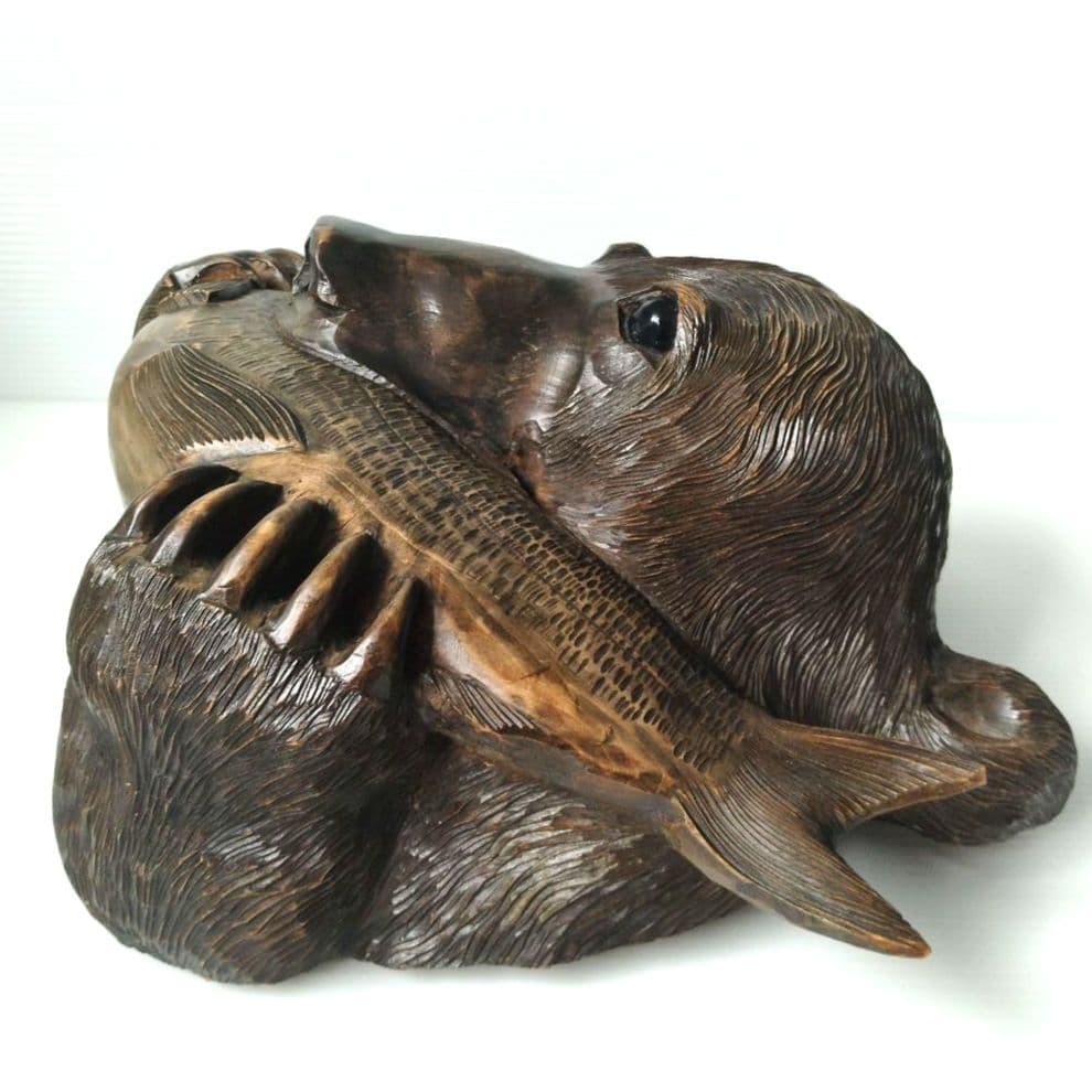 木彫り 熊 クマ 木彫り熊 彫刻熊 一刀彫 壁掛け 頭部 頭 鮭食い熊 北海道