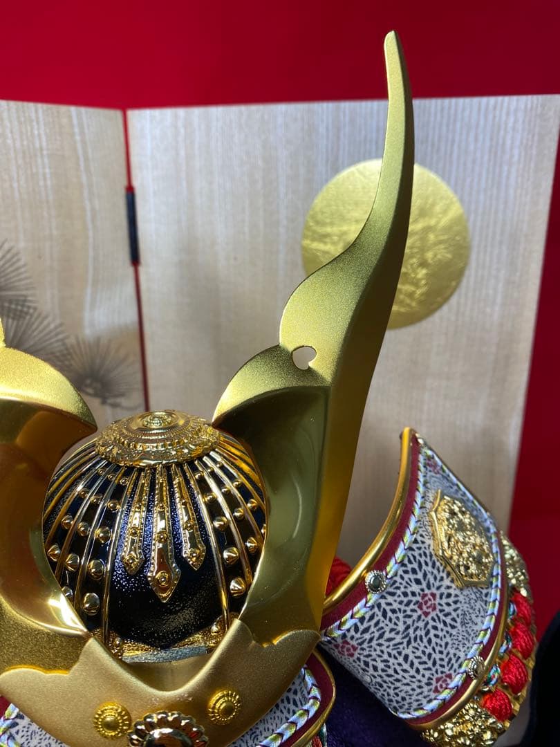 東京久月　五月人形　家紋付き正絹糸織兜飾り　針桐白木収納セット