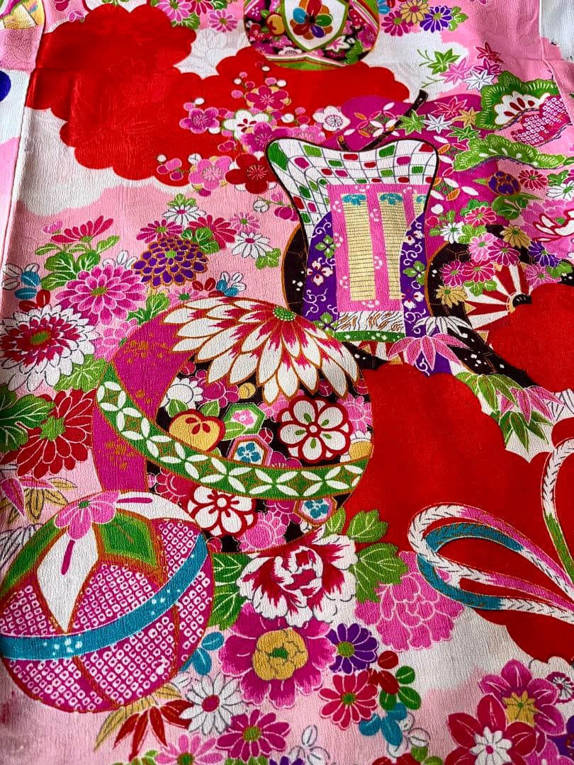 正絹 アンティーク着物 七五三 ◇御所車 薬玉 鞠 平安雅な古典柄