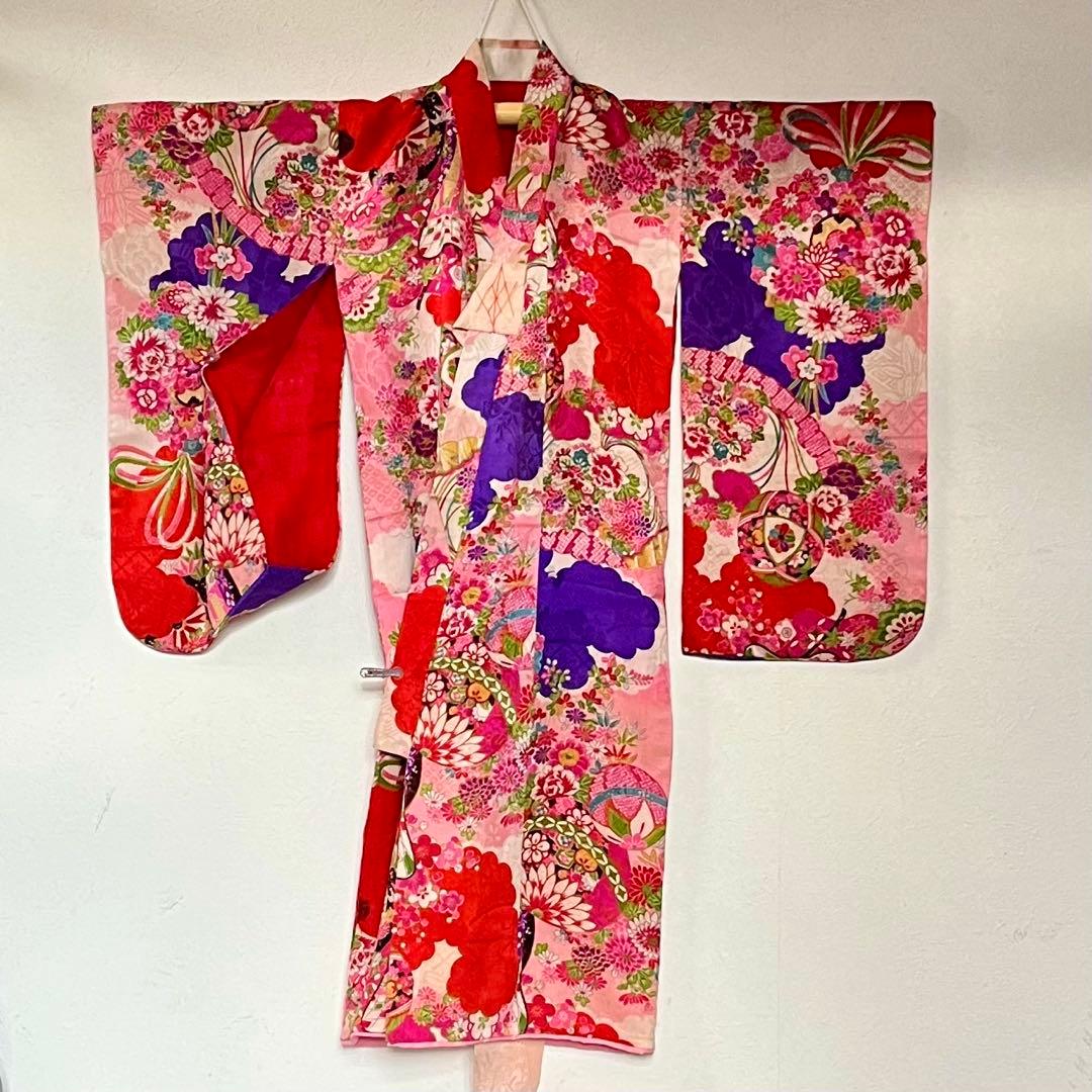 正絹 アンティーク着物 七五三 ◇御所車 薬玉 鞠 平安雅な古典柄