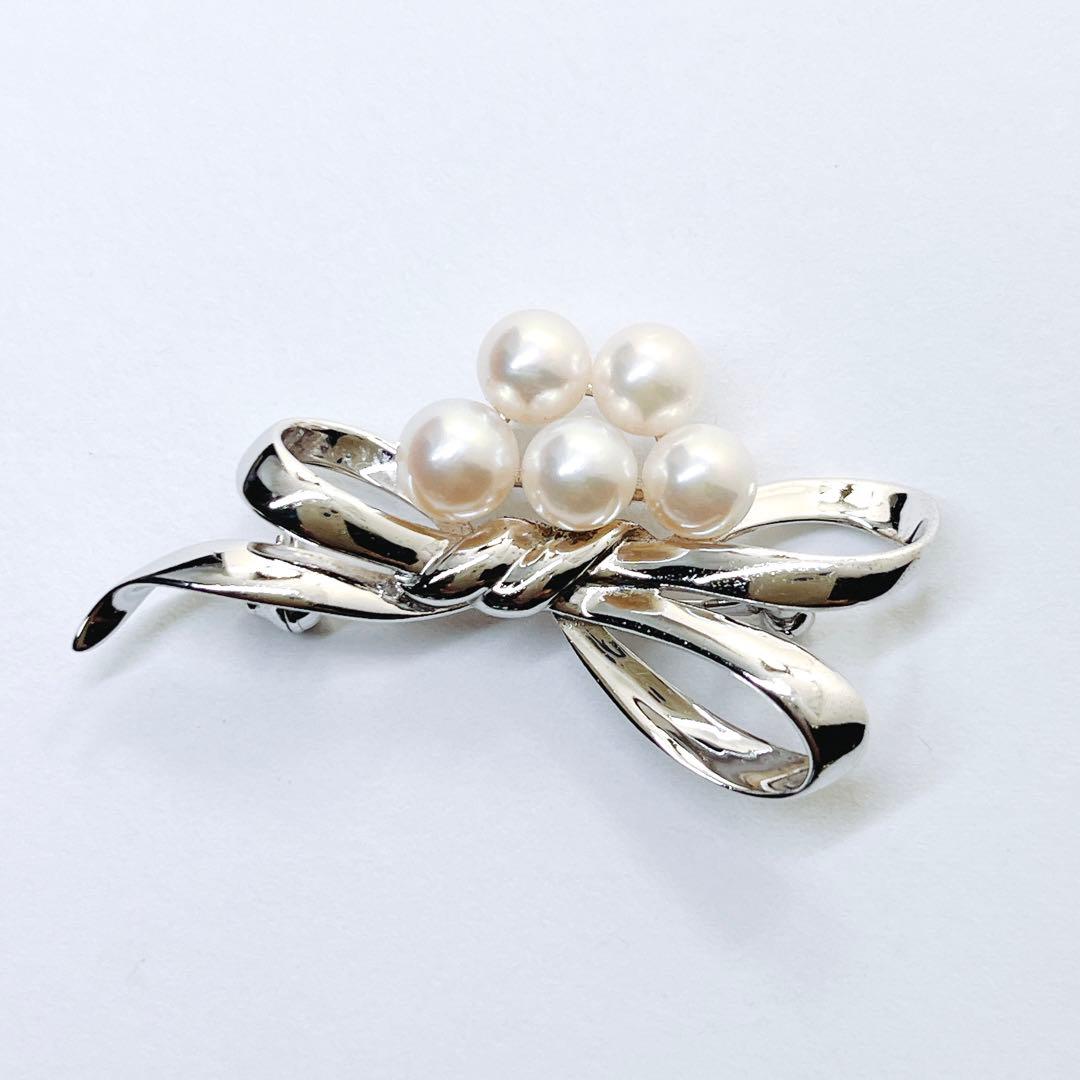 美品✨ミキモト パール　ブローチ　コサージュ　リボン　シルバー
