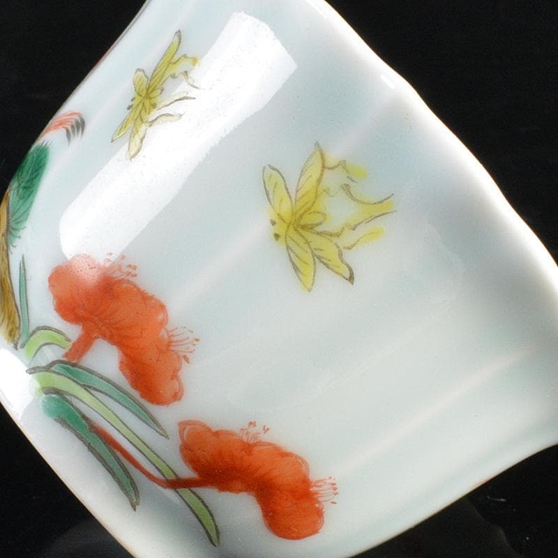 中国　色絵　蝙蝠山水文　煎茶碗　五客　桐箱　M　R6397E