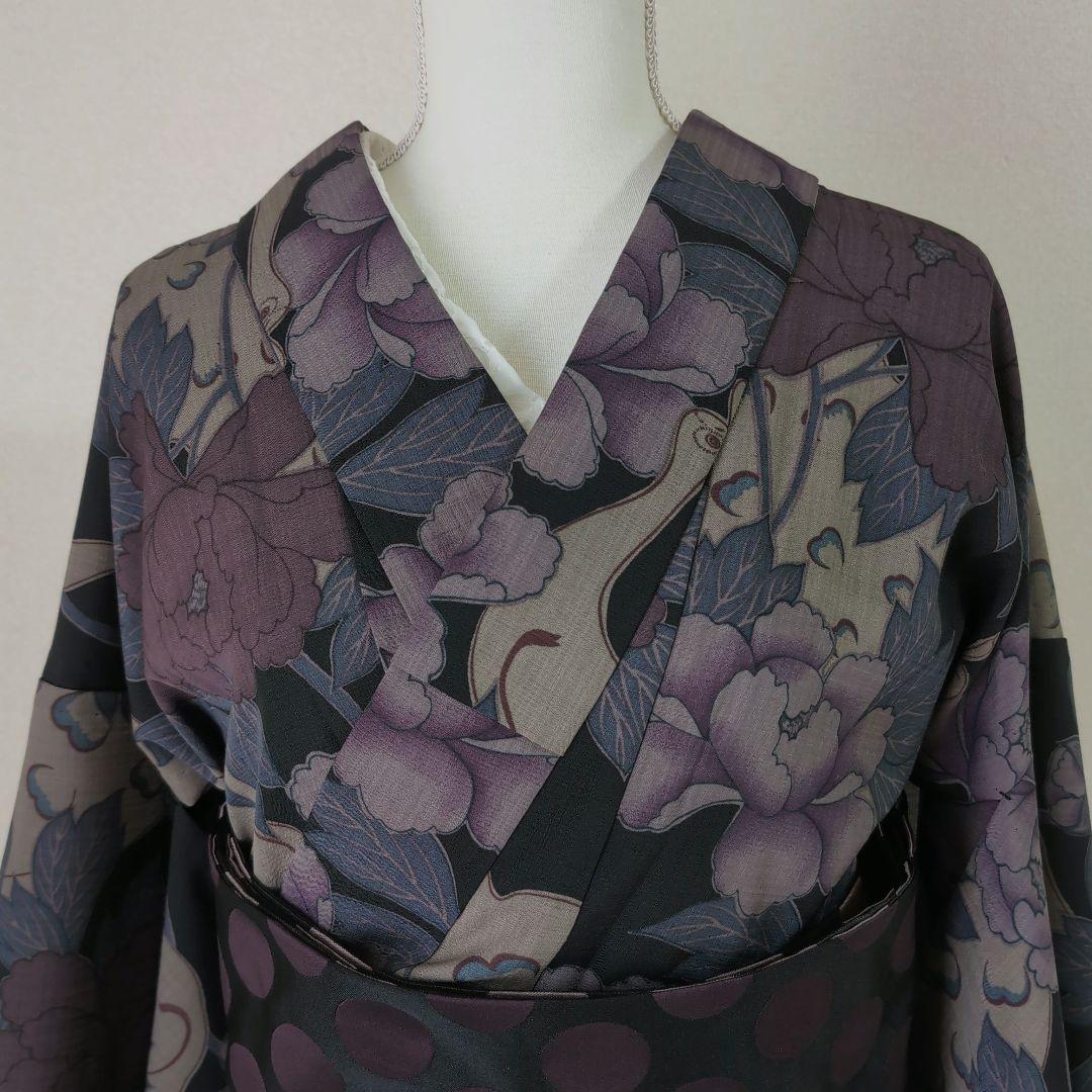 【三花】撫松庵　セオα　洗える着物　浴衣　単衣　孔雀　牡丹　リサイクル　リユース