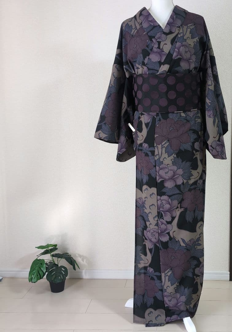 【三花】撫松庵　セオα　洗える着物　浴衣　単衣　孔雀　牡丹　リサイクル　リユース