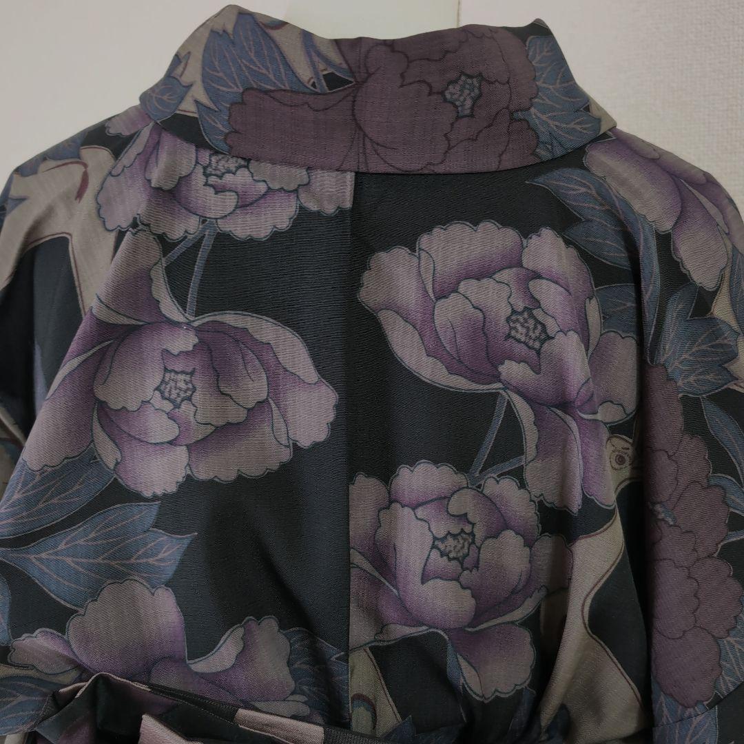 【三花】撫松庵　セオα　洗える着物　浴衣　単衣　孔雀　牡丹　リサイクル　リユース