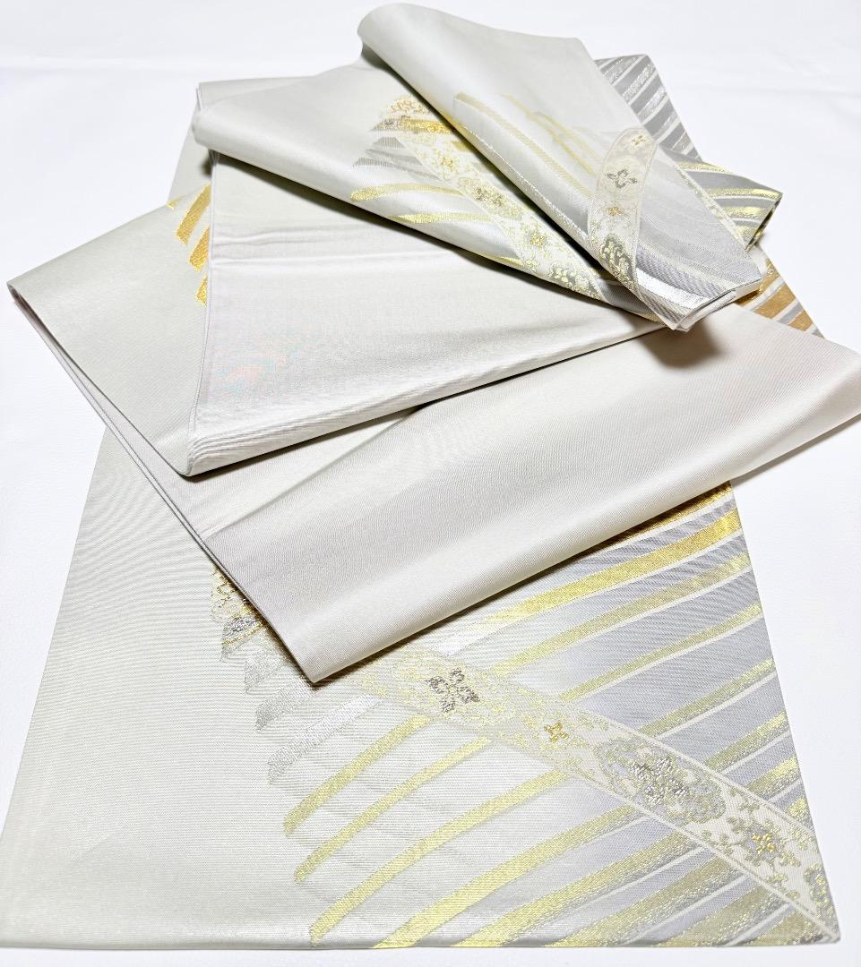 高級 袋帯 正絹 六通柄 グレー ホワイト 献上柄 訪問着 付け下げ 博多織