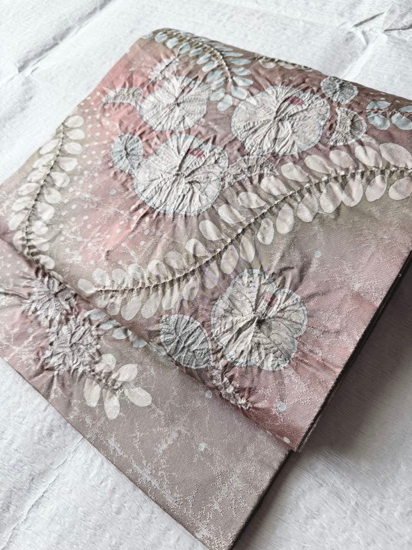 正絹　袋帯　六通柄　辻ヶ花　作家物　引箔　ペールピンク