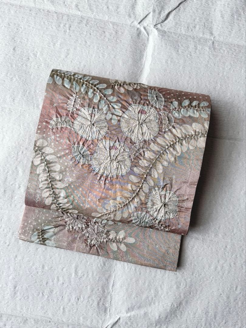 正絹　袋帯　六通柄　辻ヶ花　作家物　引箔　ペールピンク