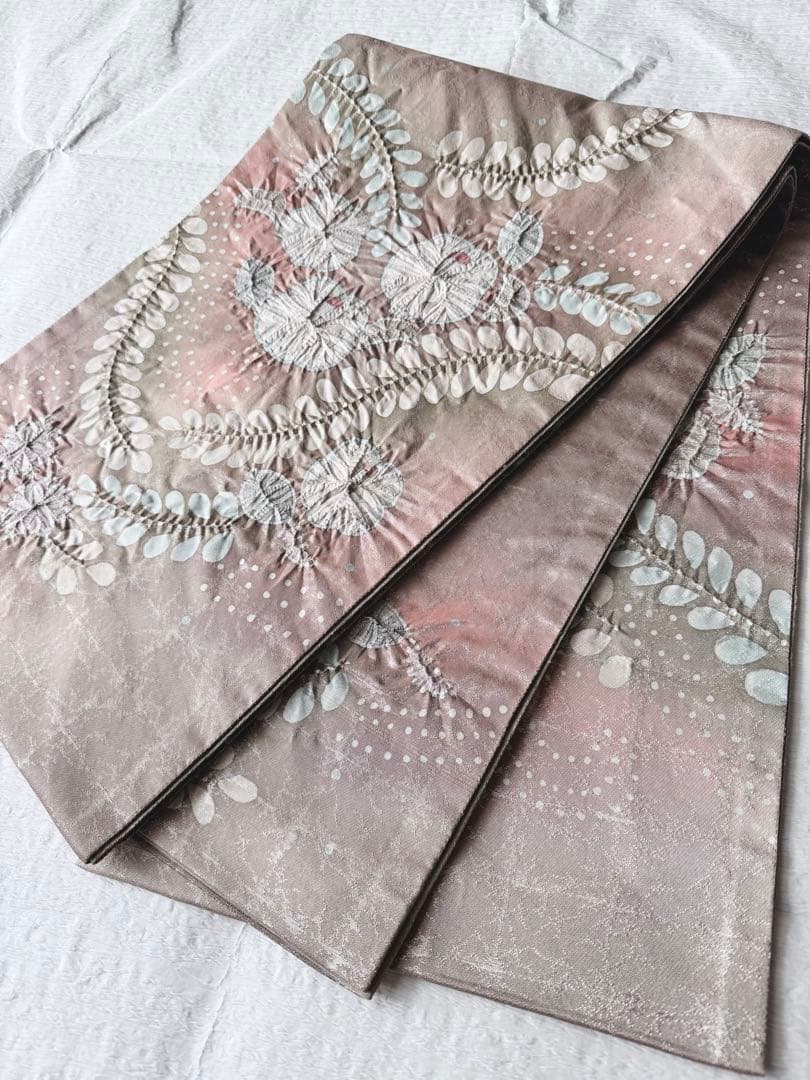 正絹　袋帯　六通柄　辻ヶ花　作家物　引箔　ペールピンク