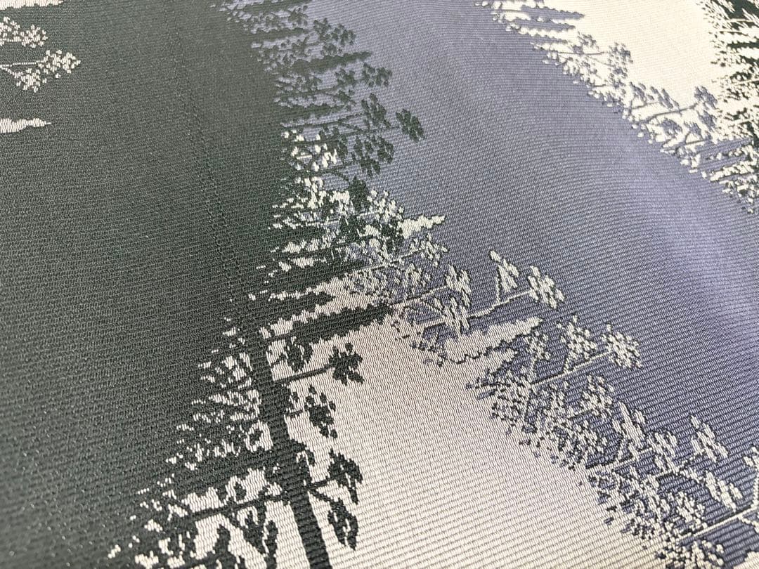 B 木屋太 風景模様 黒×紫×グレー 正絹 六通 袋帯 O38