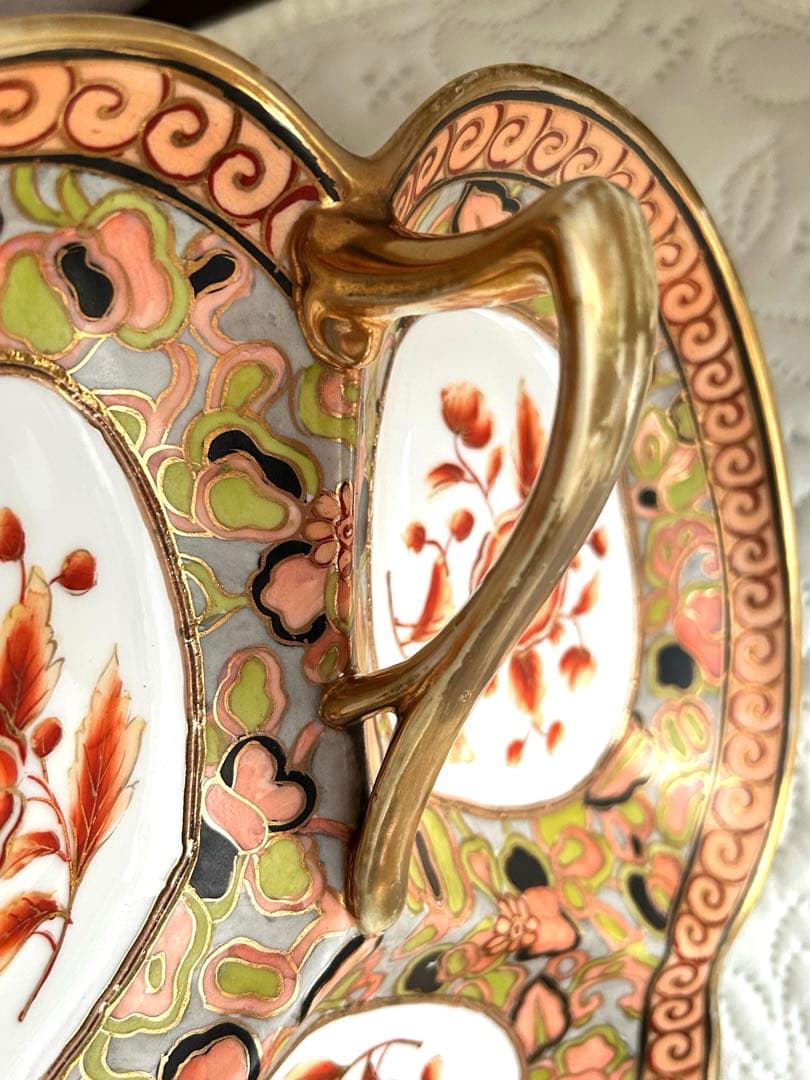 オールドノリタケ　大皿　ハンドル付き　手書き色絵　金彩金盛