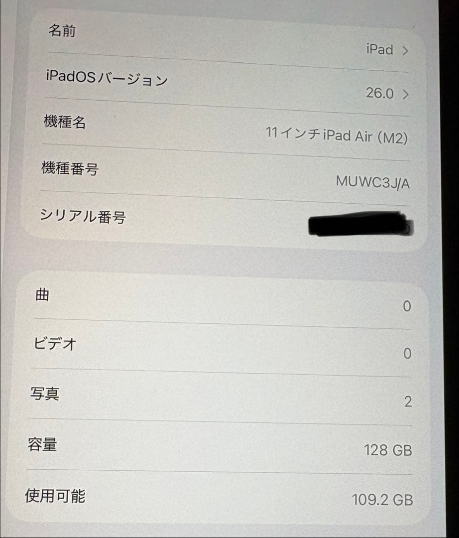 iPad Air 11インチ M2チップ スペースグレイ バッテリー100％