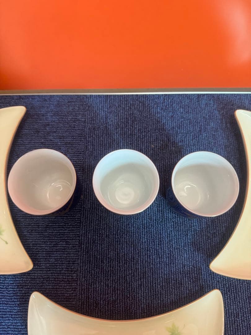 2029 深川製磁　グリーン楓半月皿3客　湯呑3客