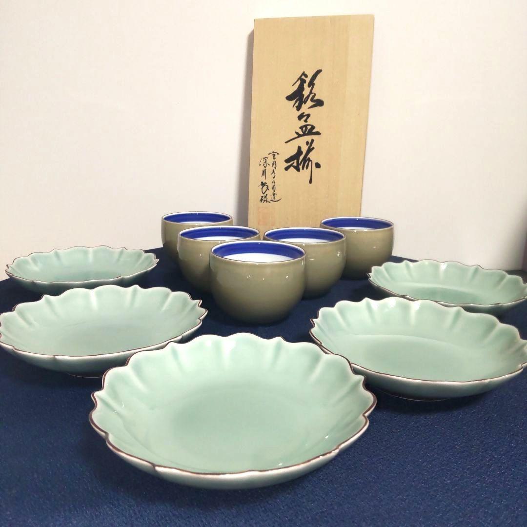 深川製磁 百年庵 高級ライン まとめ売り 青磁 笹青磁 湯飲み 皿 食器セット