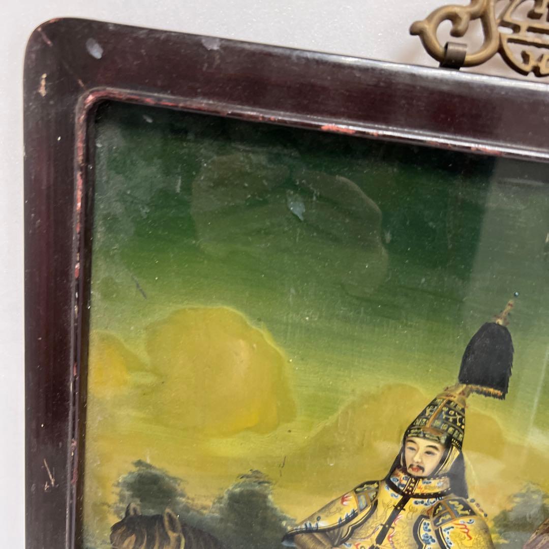 中国古玩　中国人物馬図　ガラス絵　金具込縦56㎝　東Y8-0205☆2F