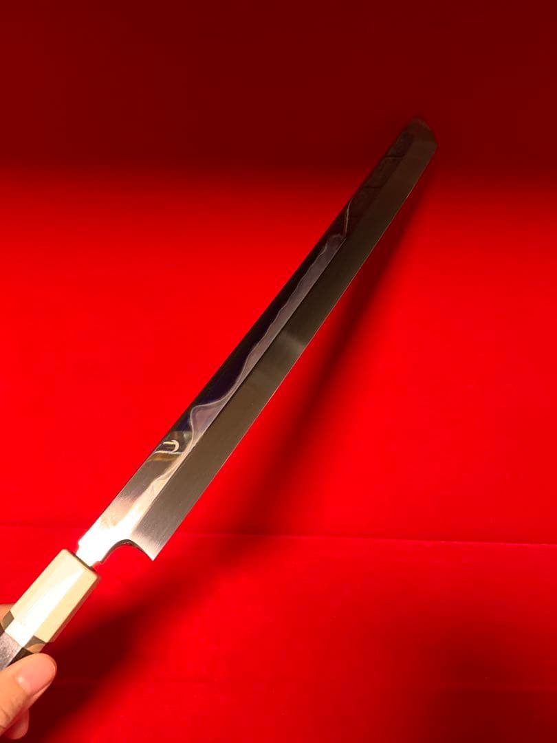 NO.01234包丁　先丸　堺製　中子刻印有り　水本焼　白一鋼　富士山残月　桐箱