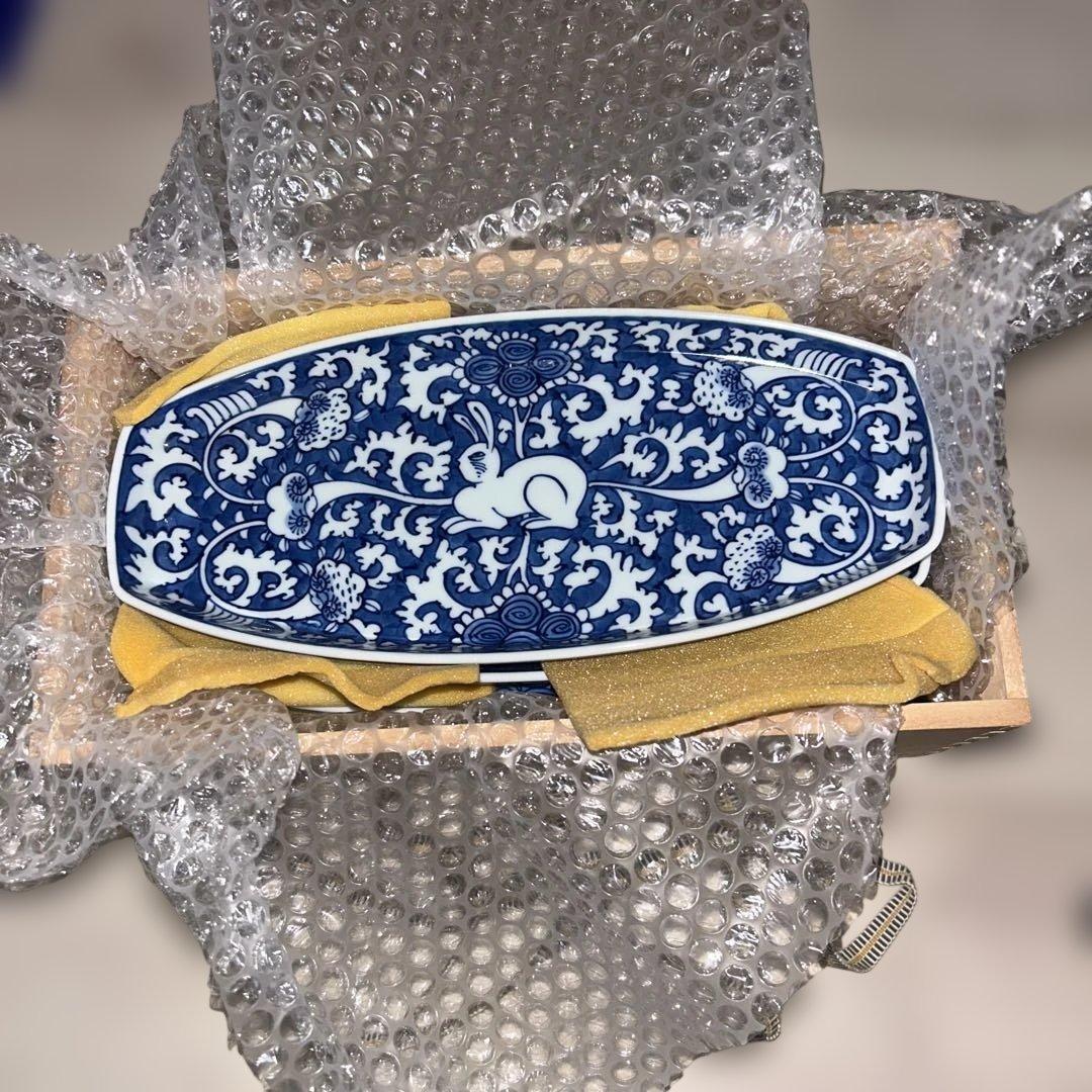 源右衛門　楕円形皿28cm ５枚セット 唐草模様　青白い花柄　有田焼