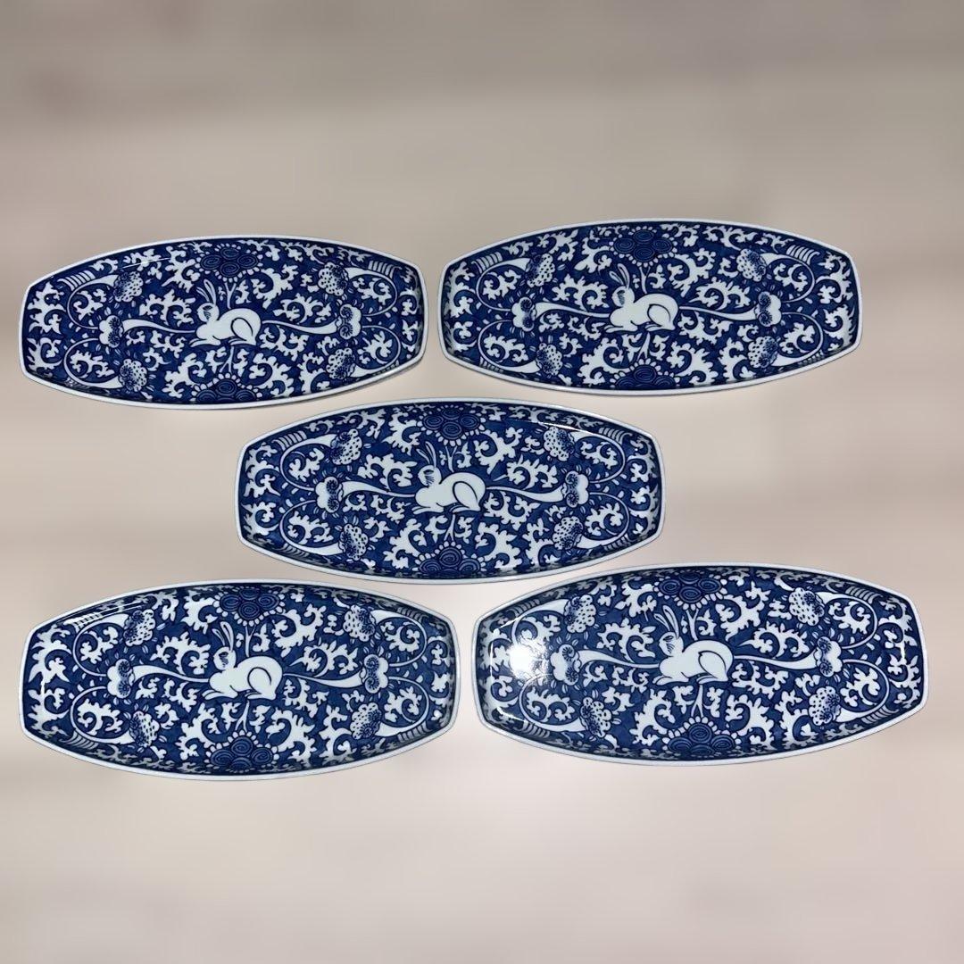 源右衛門　楕円形皿28cm ５枚セット 唐草模様　青白い花柄　有田焼