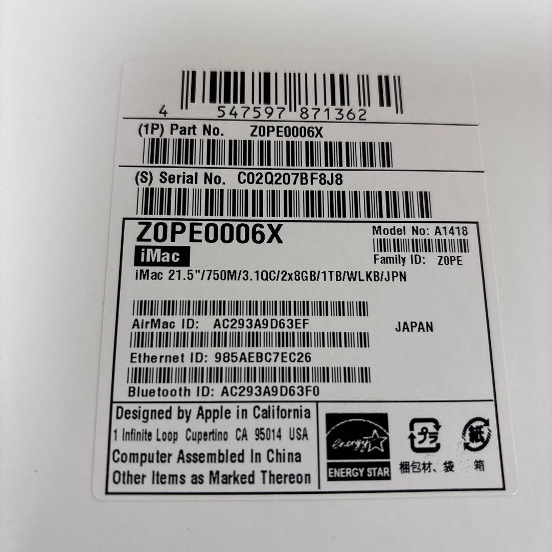 iMac 21.5インチ（2015年購入） 16GBメモリ 1TB HDD