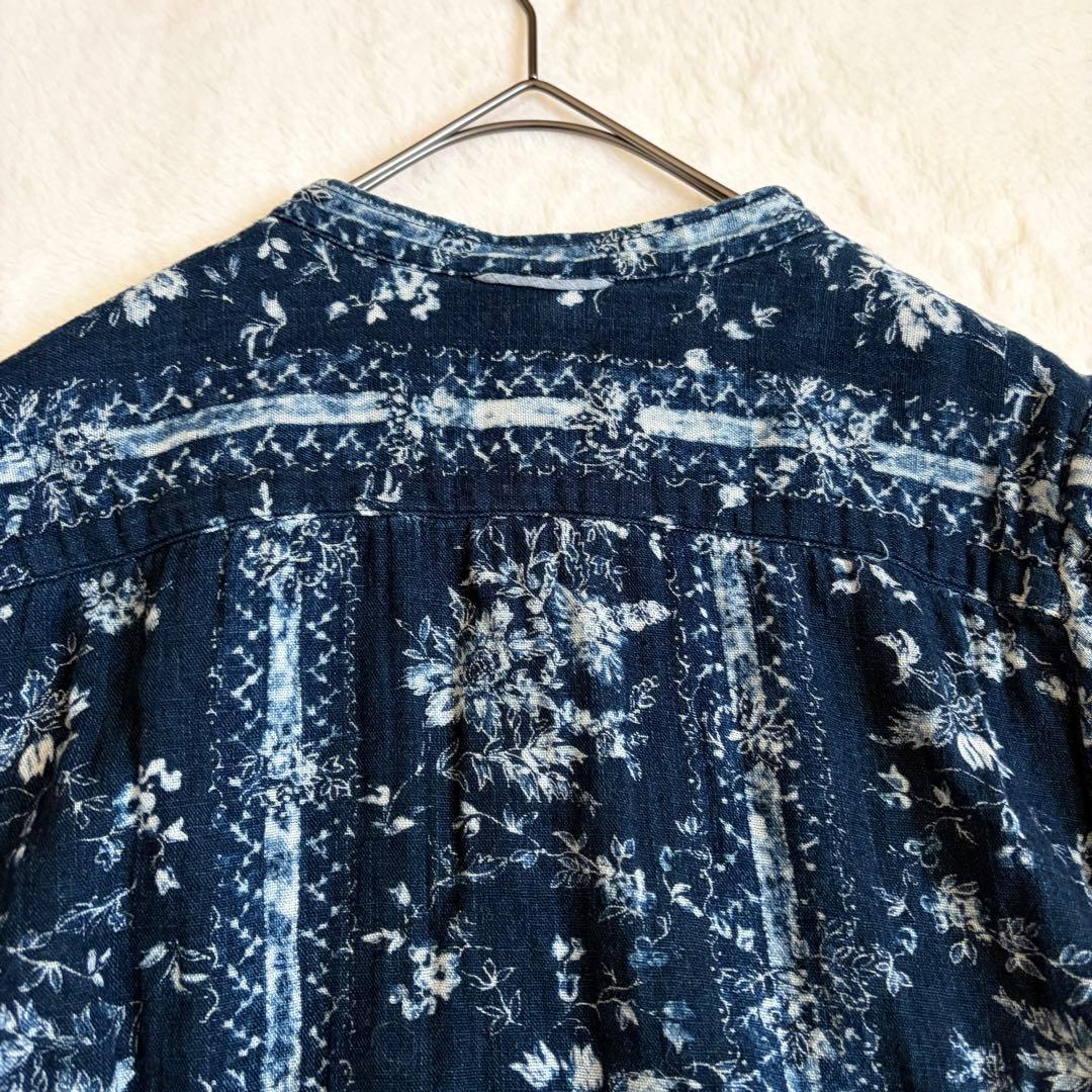 45R 二重織かごフラワーのアニーブラウス　インディゴ　シャツ　バンドカラー