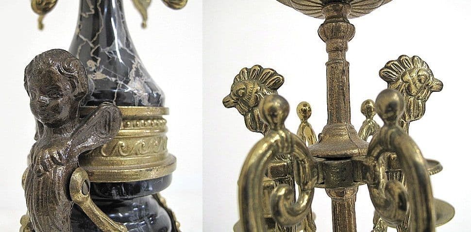 【美品】イタリア製 ランチーニ 天使/ブロンズ/黒大理石 燭台1対＋置時計セット