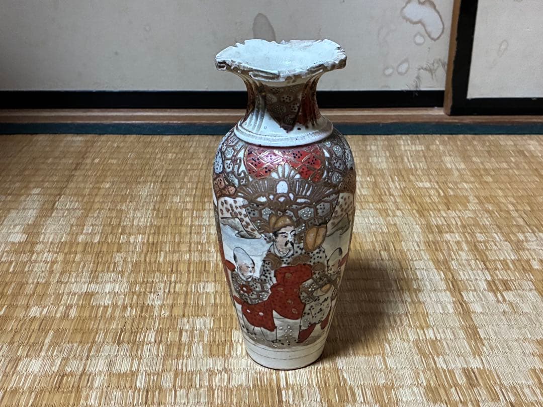 明治期 薩摩焼 金彩 色絵 人物紋 花入 時代物 印あり 箱入