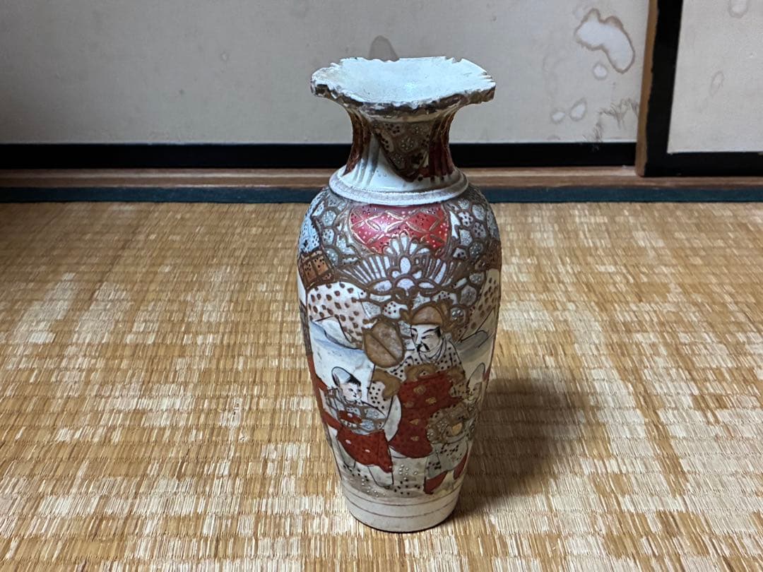 明治期 薩摩焼 金彩 色絵 人物紋 花入 時代物 印あり 箱入