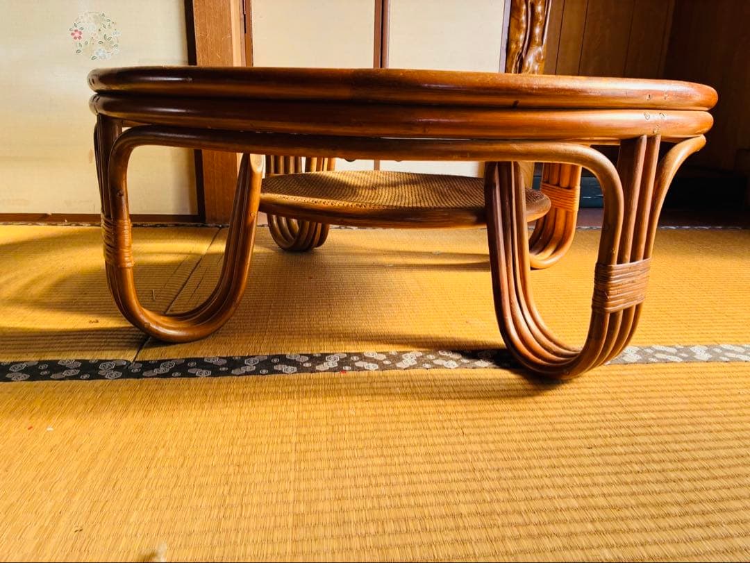 籐家具 ラタンラウンドローテーブル 籐素材 円卓 座卓 机 ラタン 昭和レトロ