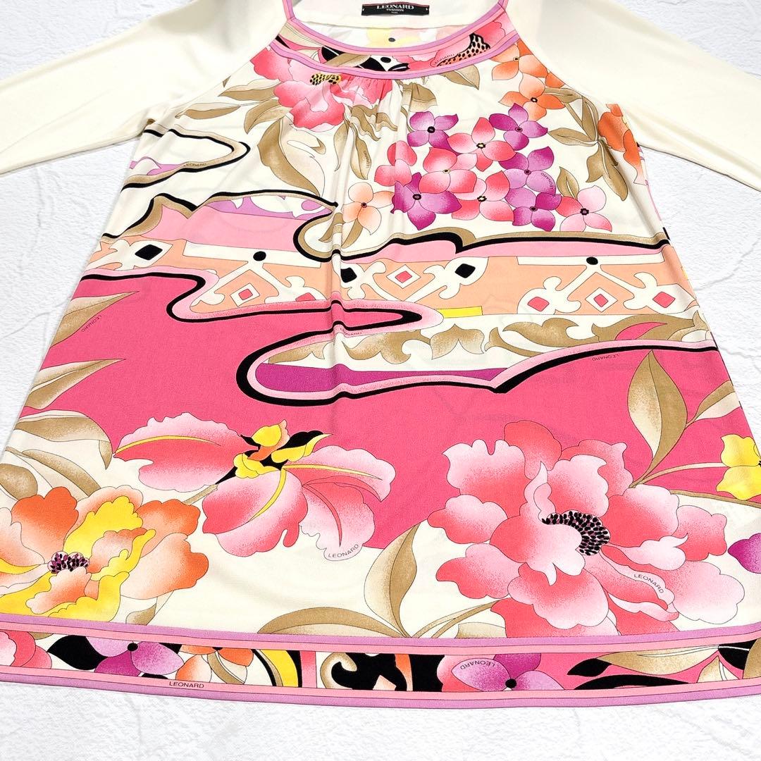 レオナール　ワンピース　チュニック　カンカン　トリム　花柄　L　マルチカラー