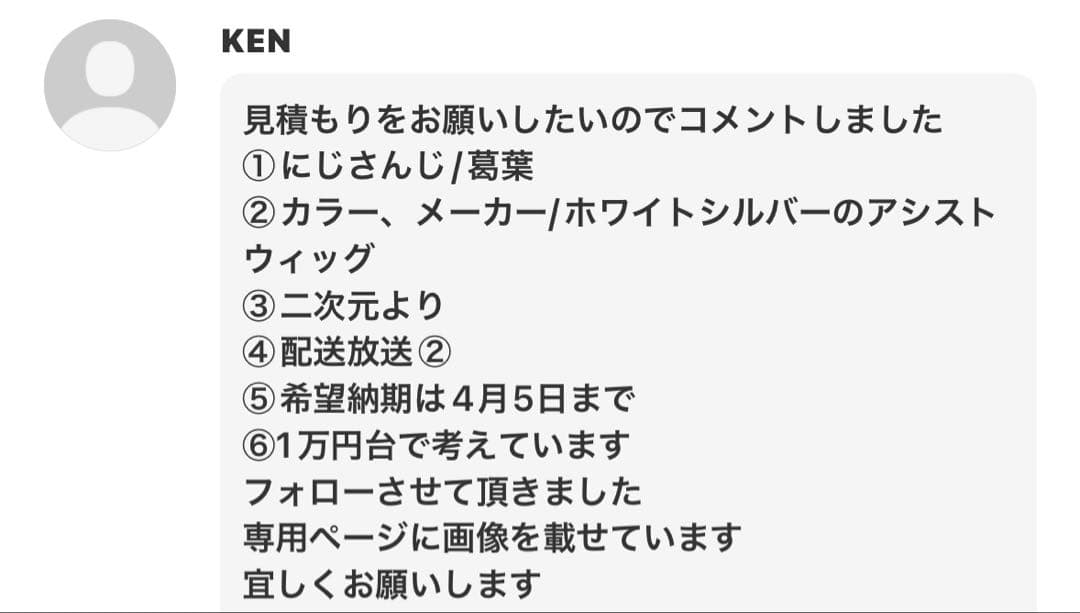 KEN様 ウィッグオーダー お見積もりページ