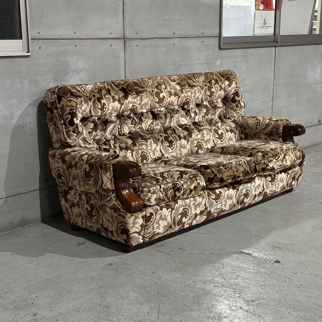 ✿70s✿ 昭和レトロ ヴィンテージ 3人掛けソファ 金華山 ×木製肘