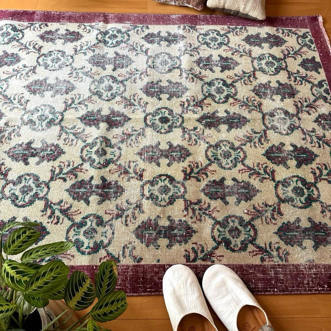 113×198レアえんじ色×グリーン 紋章ボタニカル　トルコヴィンテージラグ