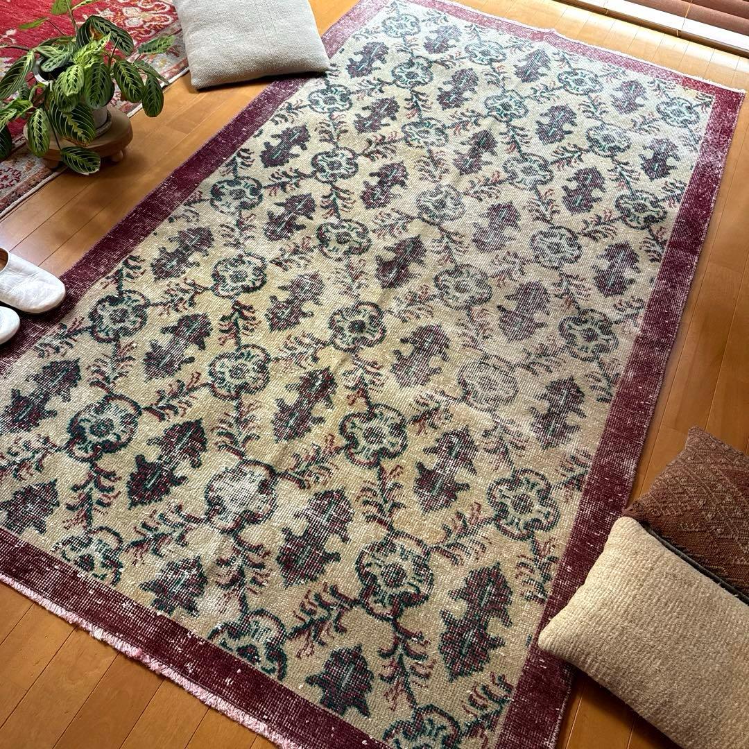 113×198レアえんじ色×グリーン 紋章ボタニカル　トルコヴィンテージラグ