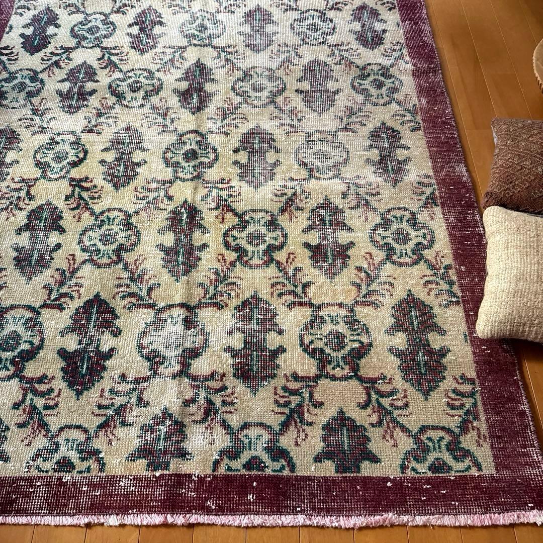 113×198レアえんじ色×グリーン 紋章ボタニカル　トルコヴィンテージラグ