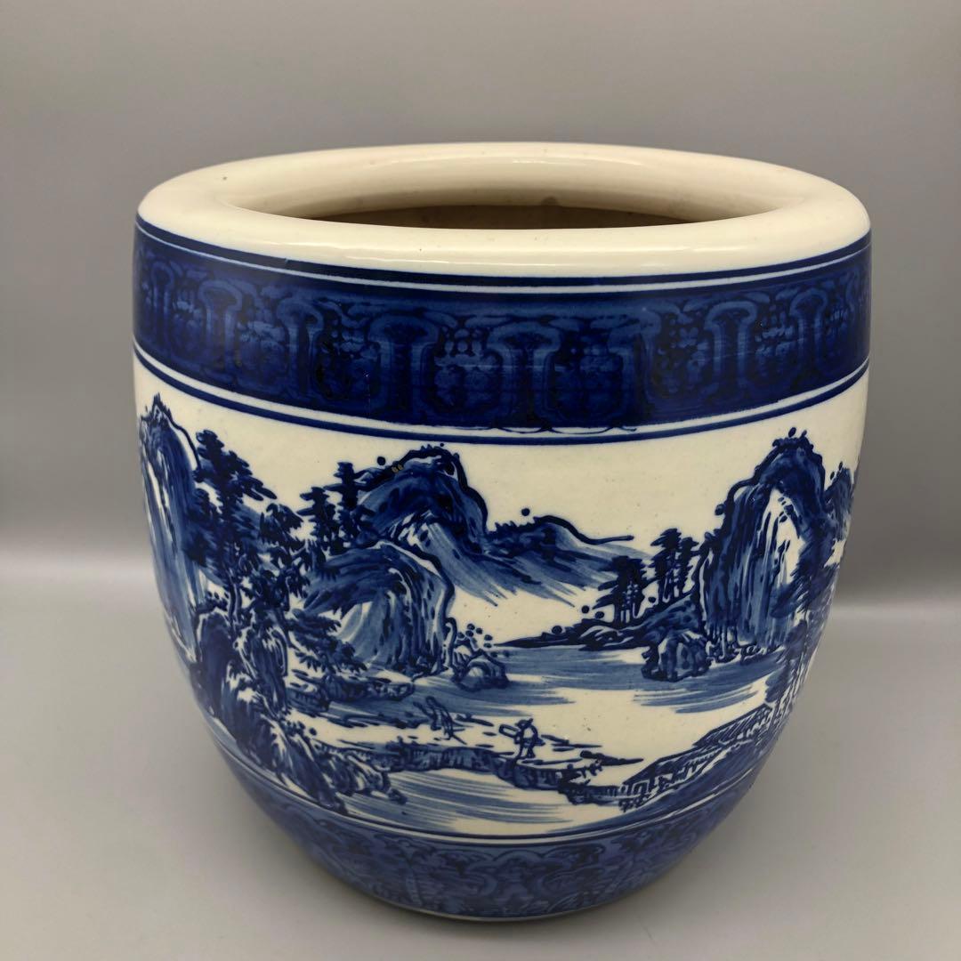 たちばな焼陶器藍色染め付け山水画火鉢24cm伝統工芸骨董品メダカ金魚睡蓮鉢