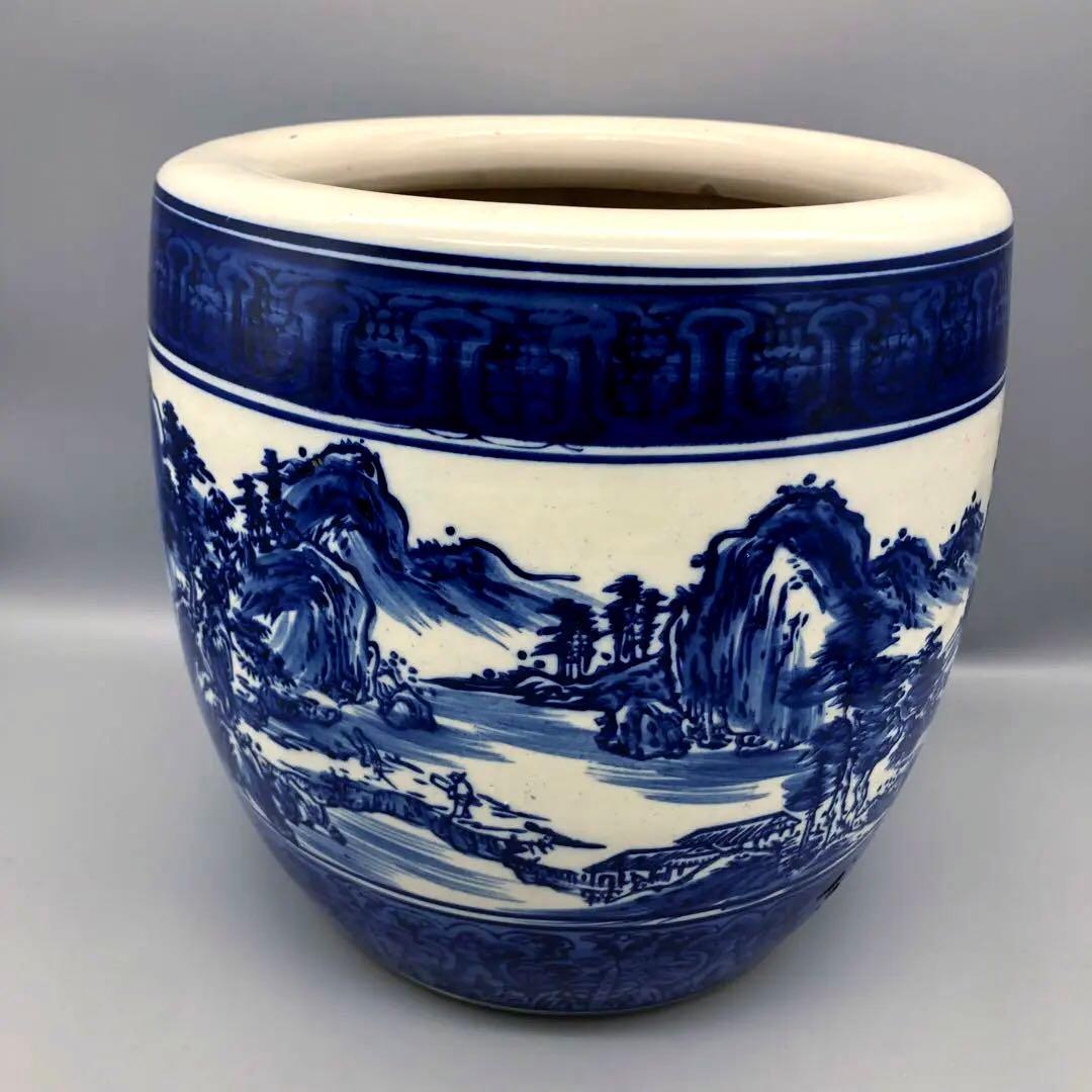 たちばな焼陶器藍色染め付け山水画火鉢24cm伝統工芸骨董品メダカ金魚睡蓮鉢