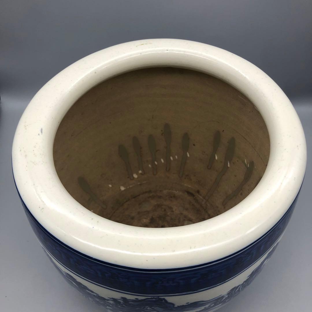 たちばな焼陶器藍色染め付け山水画火鉢24cm伝統工芸骨董品メダカ金魚睡蓮鉢