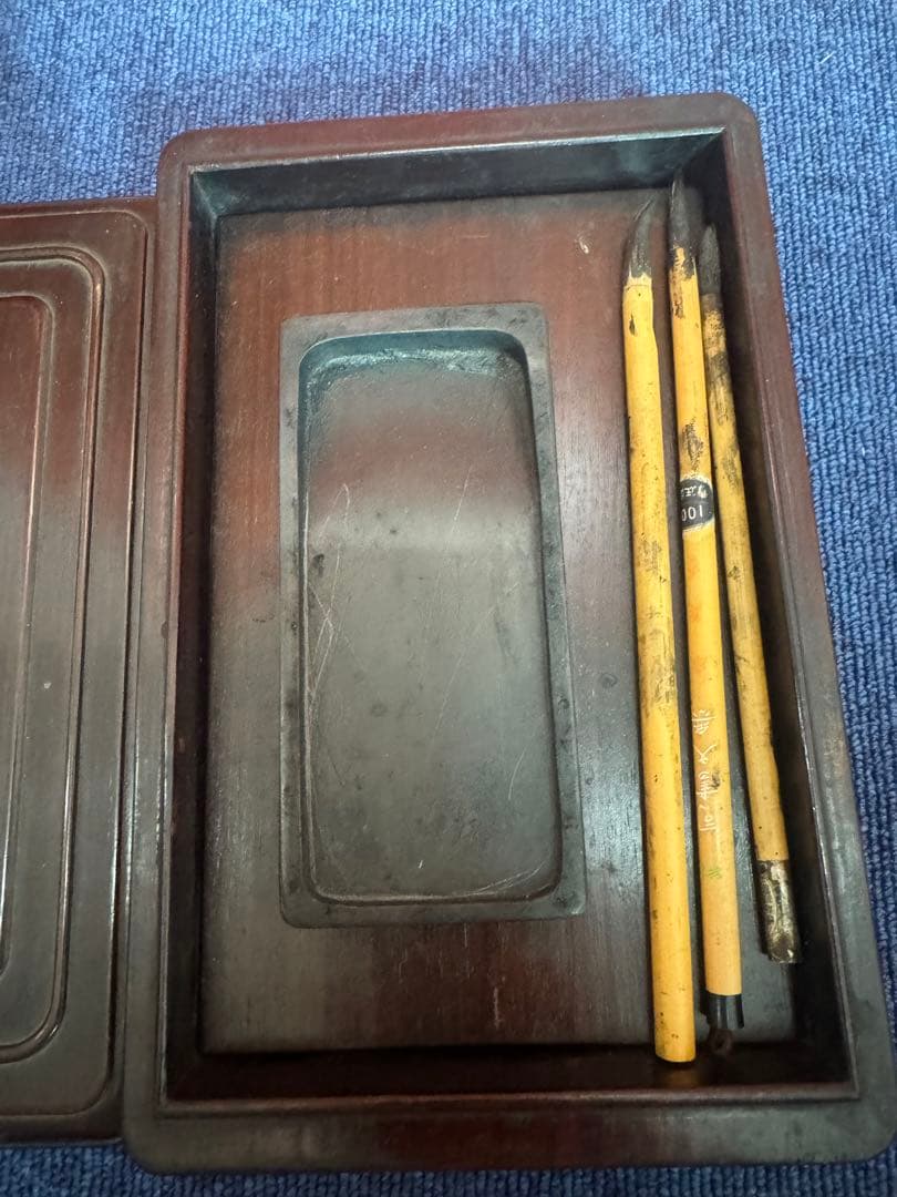 1676 時代物 古唐木長方硯箱・唐木文房四宝盒 筆・雨畑硯付  書道具