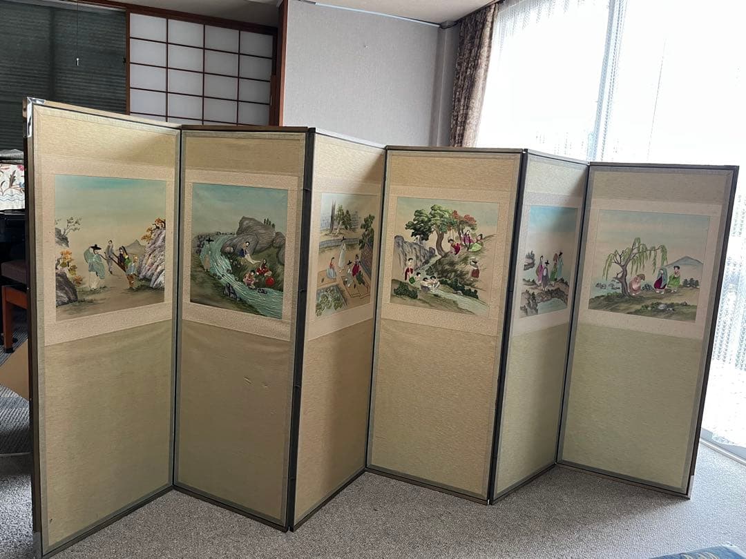 韓国　刺繍　パーテーション　六折　屏風