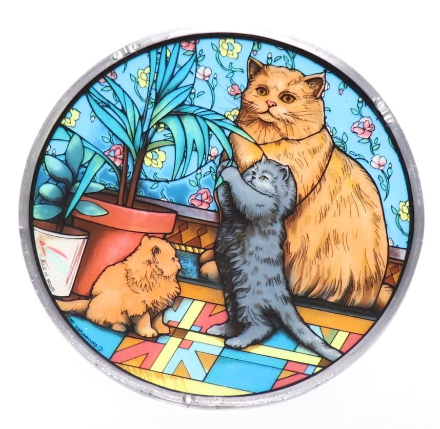 3匹の猫の親子 ヴィンテージ ステンドグラス 子猫 キャット グラスマスターズ